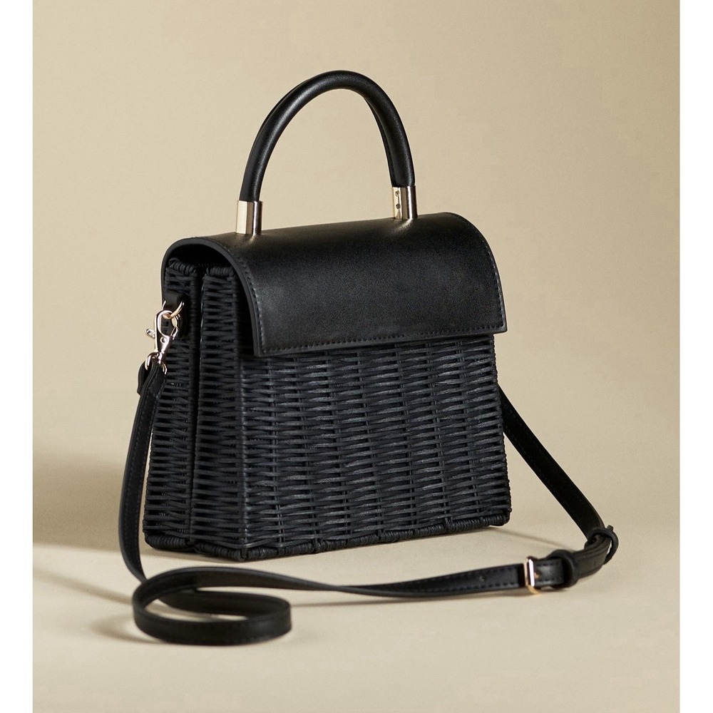 Anthropologie Wicker Handle Lady Bag Rattan Body Crossbody Strap Purse Black